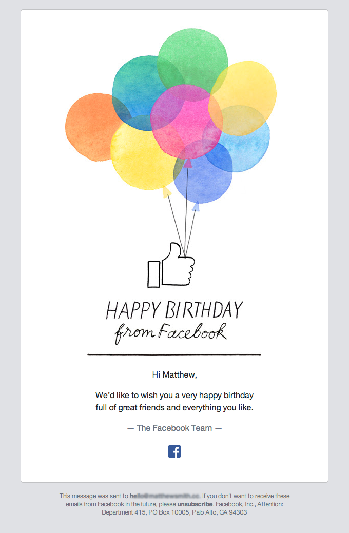 Happy Birthday Customer Email from Facebook Happy Birthday Customer Email from Facebook